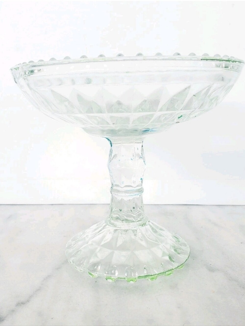 VTG Jeanette Clear Slight Green Glass Pedestal Compote Candy Dish Diamond Block
